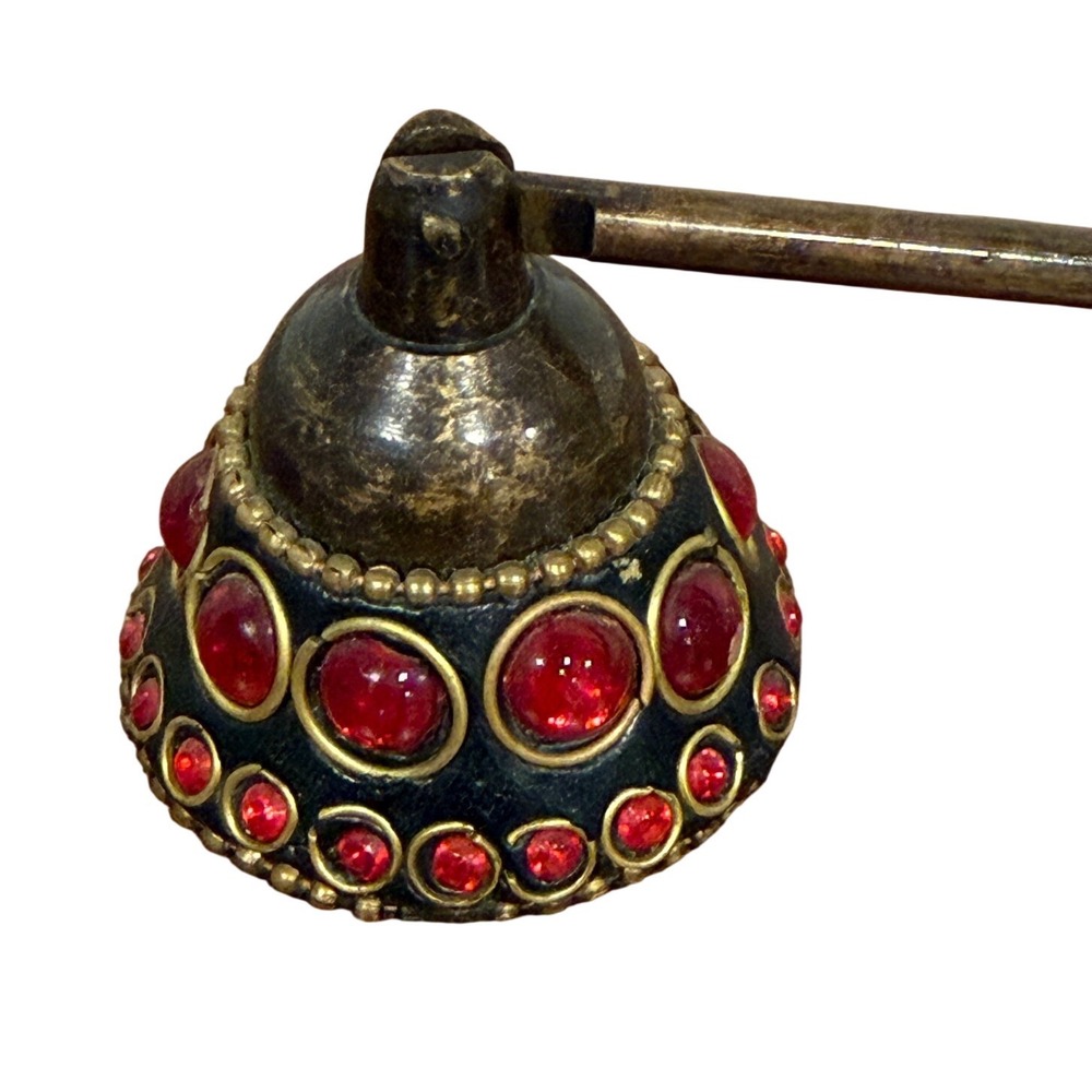 VTG Brass Candle Snuffer with Red Stones Jewels 11" Long Handle